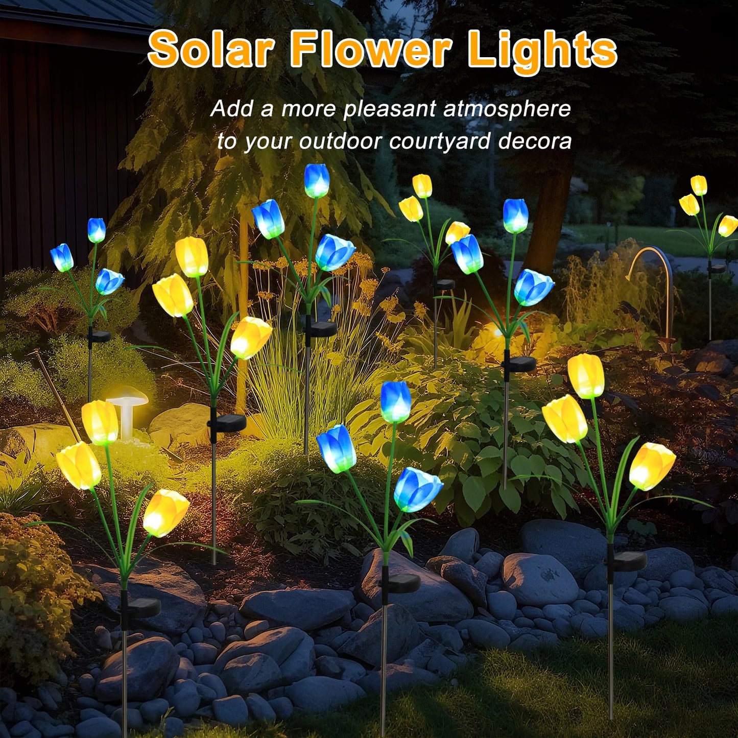 Aureate Horizon Garden 4 Pack LED Solar Flower Lights with More Realistic Tulips Flowers Solar Garden Lights Outdoor Waterproof for Yard Patio Lawn