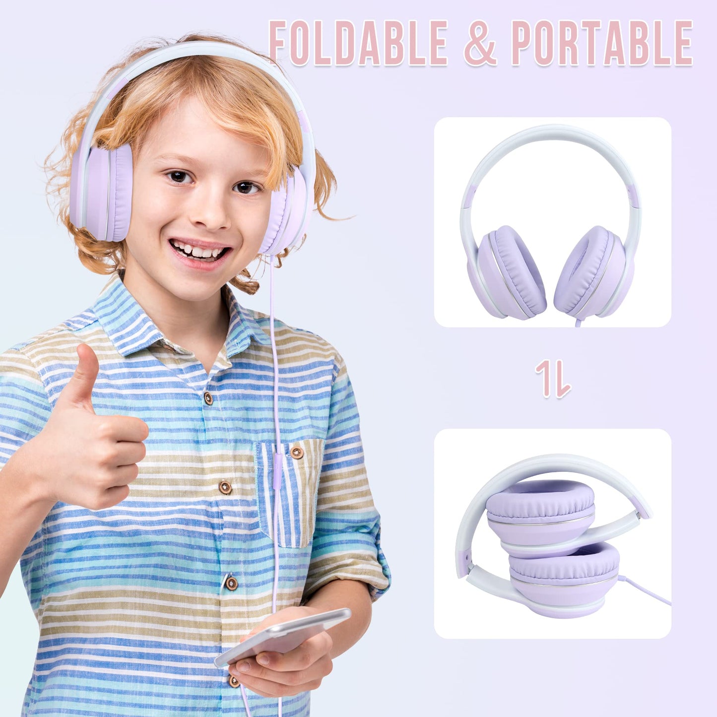 rockpapa L22 Wired Headphones for Kids Girls Boys Women with Microphone, Foldable Stereo 3.5mm Corded Headphones for School Classroom Chromebooks