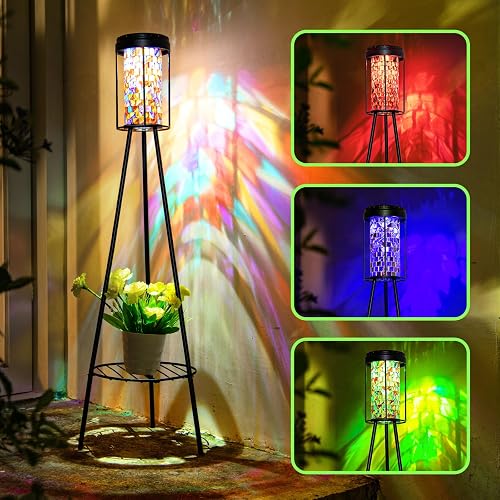 Outdoor Lamps for Patio, Outdoor Floor Lamp with Plant Stand, Solar Powered RGB Lights, Waterproof Standing Lamp for Garden Yard Décor, Stained Glass