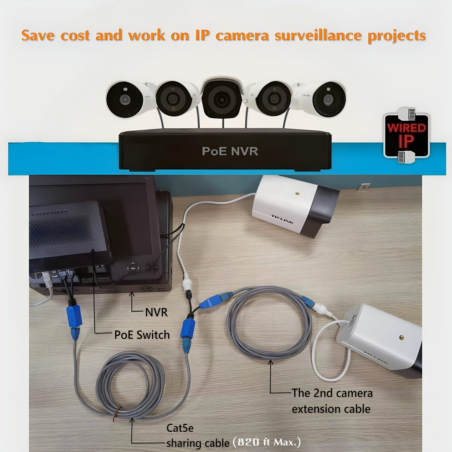 AIMHD 4 Pair RJ45 Ethernet Combiner, Cat5 PoE Splitter, 2-in-1 (2 Cameras Over 1 Cable) Adapter for 8 IP Security Camera NVR Surveillance System