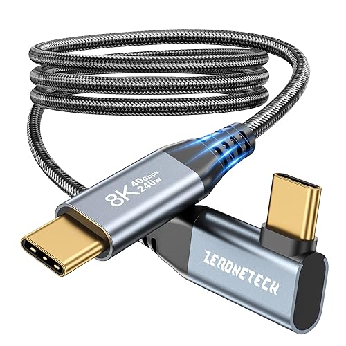 ZeroneTeck USB C Monitor Cable 8K@60Hz/4K@144Hz, 40Gbps High Speed Data Transfer, Right Angle Display Video Cable, 90 Degree USB C 3.2 Gen 2x2 240W PD