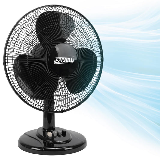 EZ-CHILL 16” Oscillating Table Fan with Adjustable Tilt, Convenient Push Button Controls, Quiet, 3 Speed, Desk Fan, Airflow 15.75 ft/sec, Ideal