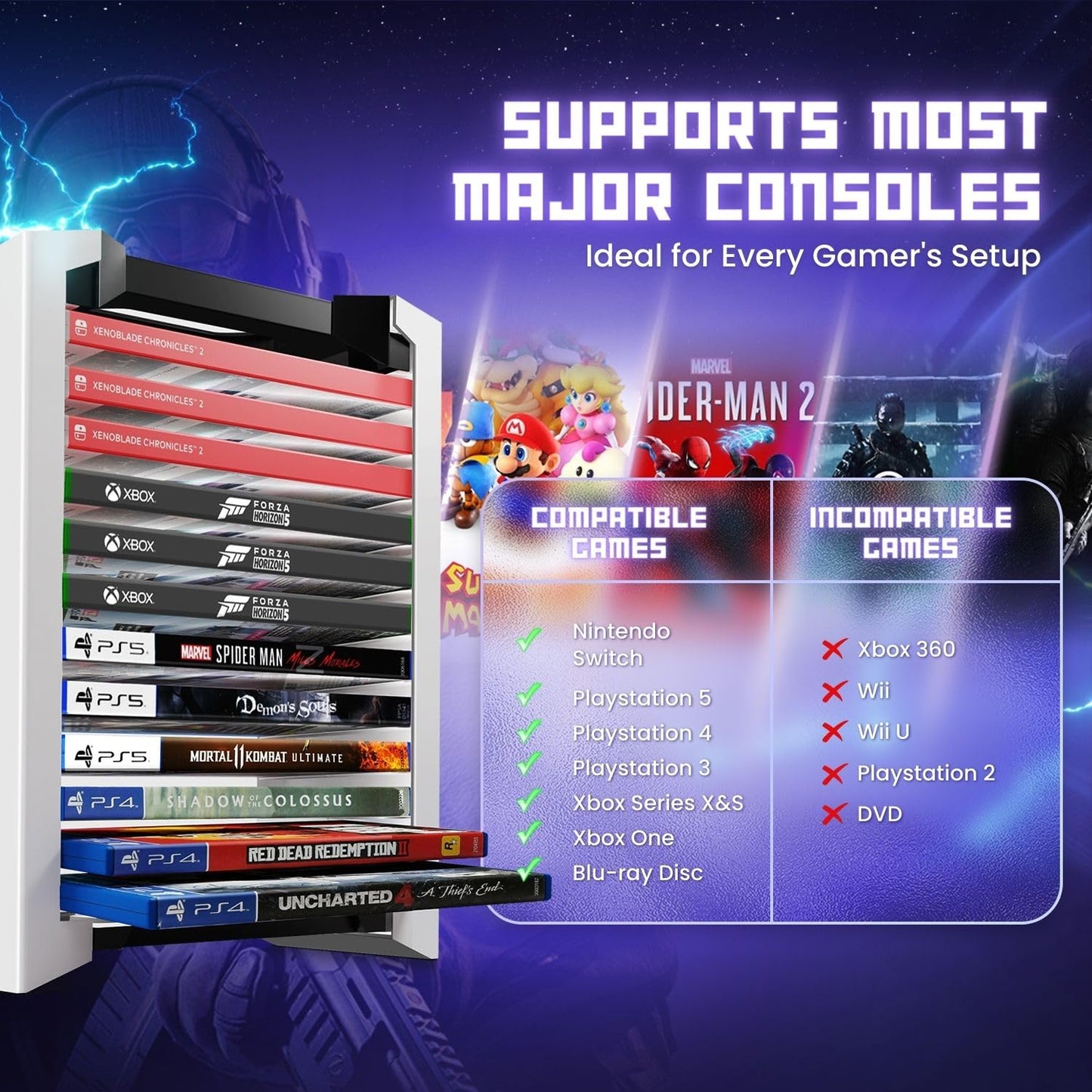 TNP Universal Video Game Storage Tower for PS5, PS4, PS3, Nintendo Switch, Xbox One, Xbox Series S/X - White Video Game Holder Organizer Stand with 12