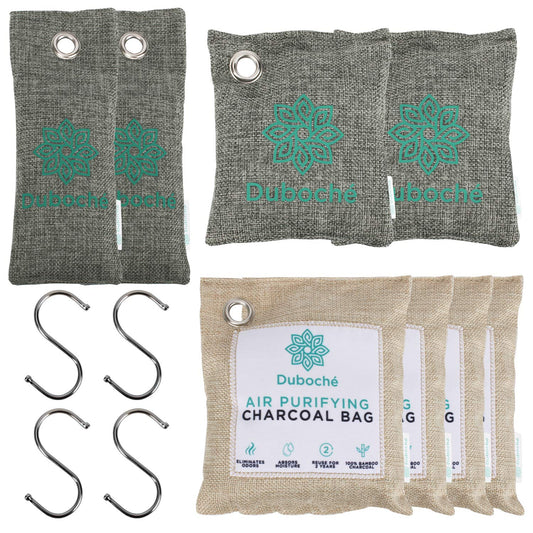 Duboché Bamboo Charcoal Bags for , 8 Pack, Natural Air Purifying Bundle with S Hooks, Moisture Absorbent Odor Eliminator for Gym Bags, Car, Shoes