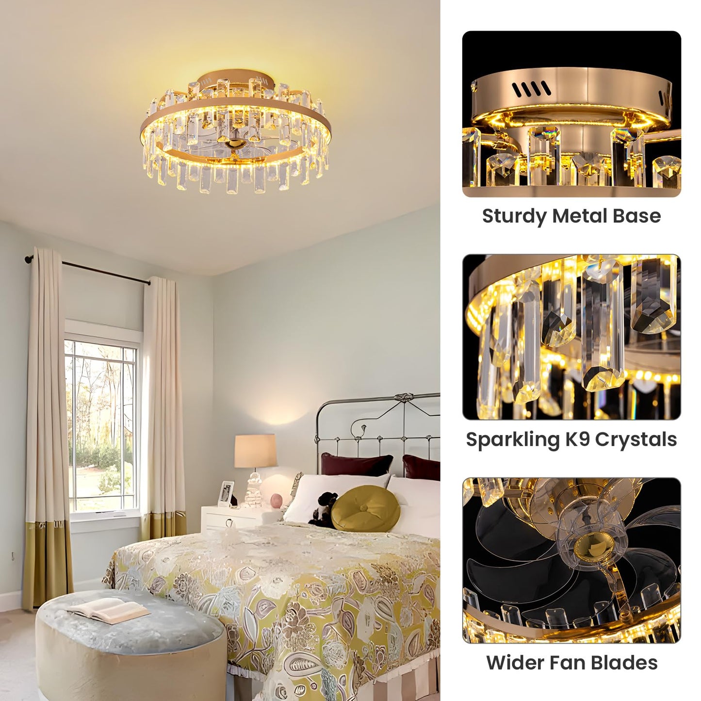 CROSSIO 20" Crystal Ceiling Fans with Lights Remote Control Dimmable 6 Speeds Reverible Timer Gold Fandelier for Bedroom Dining Room Living Room