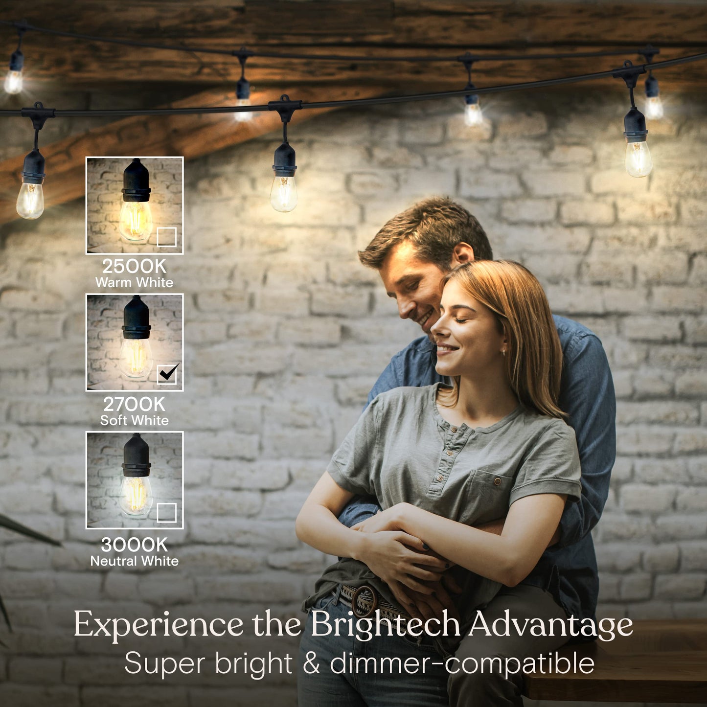 Brightech Ambience Pro - Waterproof LED Outdoor String Lights - Hanging, Dimmable 2W Vintage Edison Bulbs - 48 Ft Commercial Grade Patio Lights Create