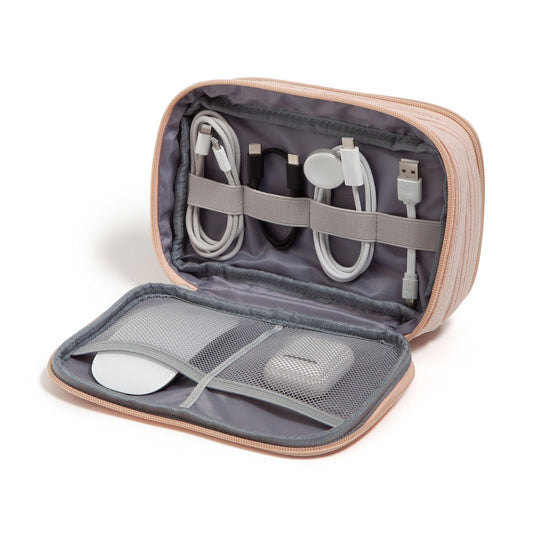 U Brands Dual Zip Corduroy Travel Electronics Organizer, Tech Carry Case, Portable Travel Bag, Cord Storage, 8" x 5.25" x 2.5", Dusty Rose Pink
