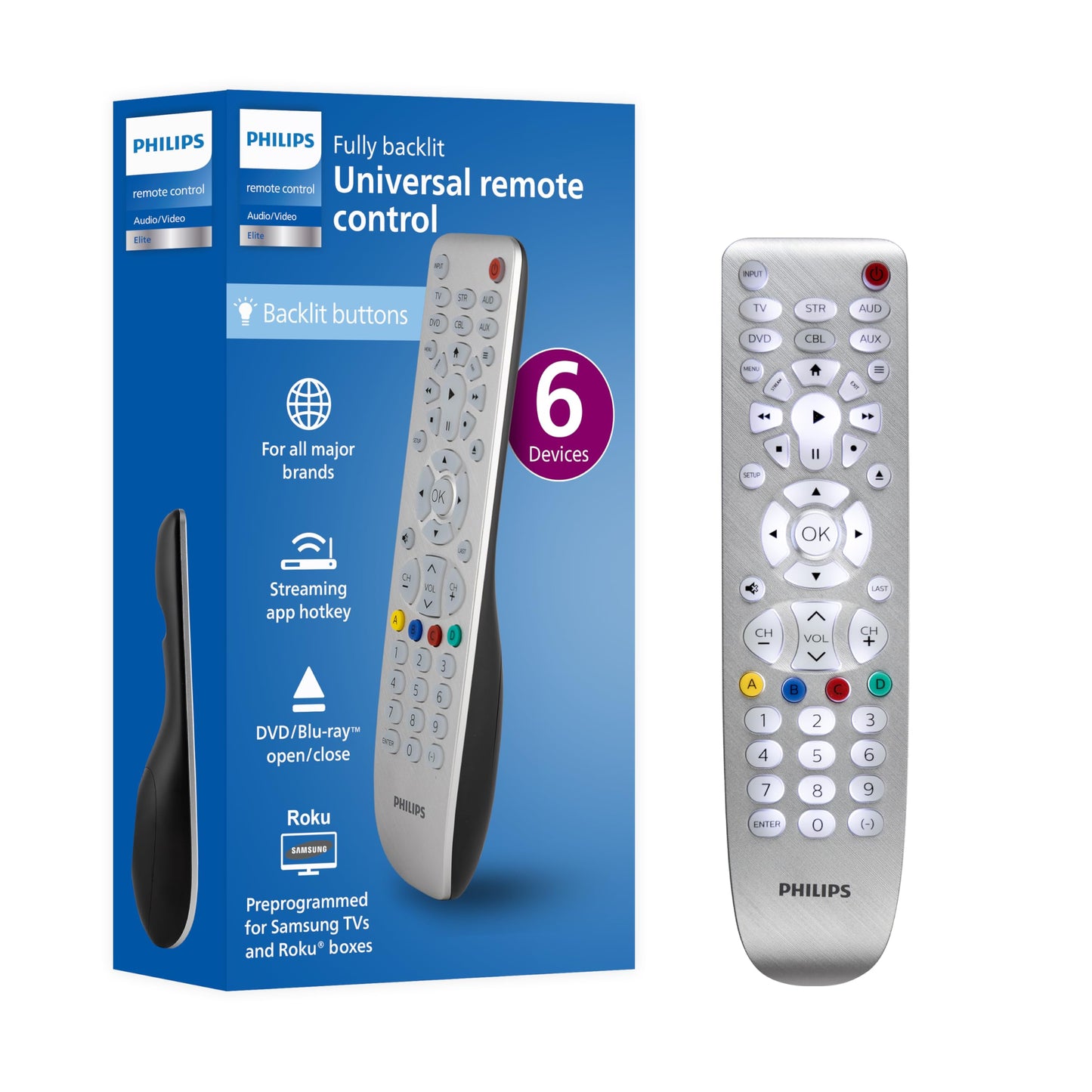 Backlit Universal Remote Control by Philips, Works for Samsung, Vizio, TCL, HiSense, Sony, RCA, Panasonic, Roku, Apple TV, Smart TVs, Streaming