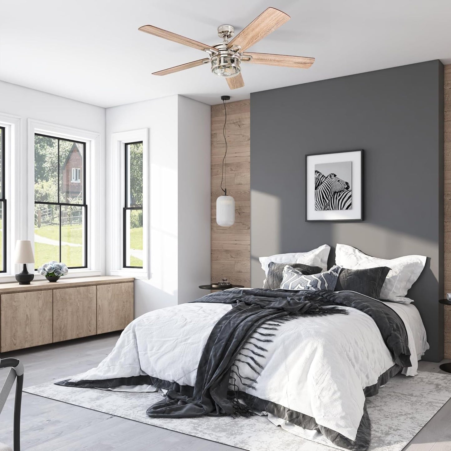 Honeywell Ceiling Fans Bonterra Modern 52 Inch Ceiling Fan with Light, Remote Control, LED Indoor Fan with 5 Blades, Light Brown Pine and Brown