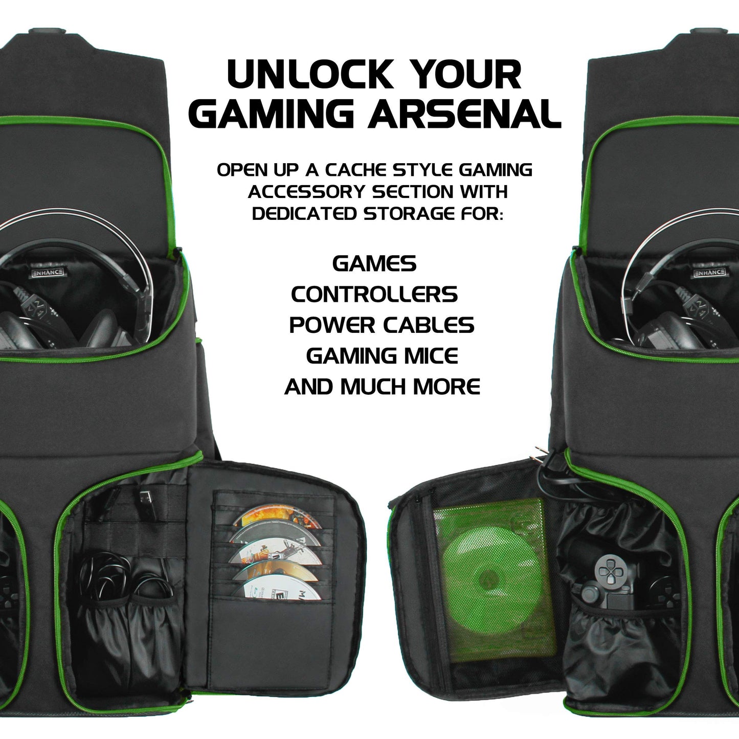 ENHANCE Xbox Backpack - Xbox Carrying Case Compatible with Series S, One X, One S - Storage Compartments for Controllers, Gaming Headset, Games & More