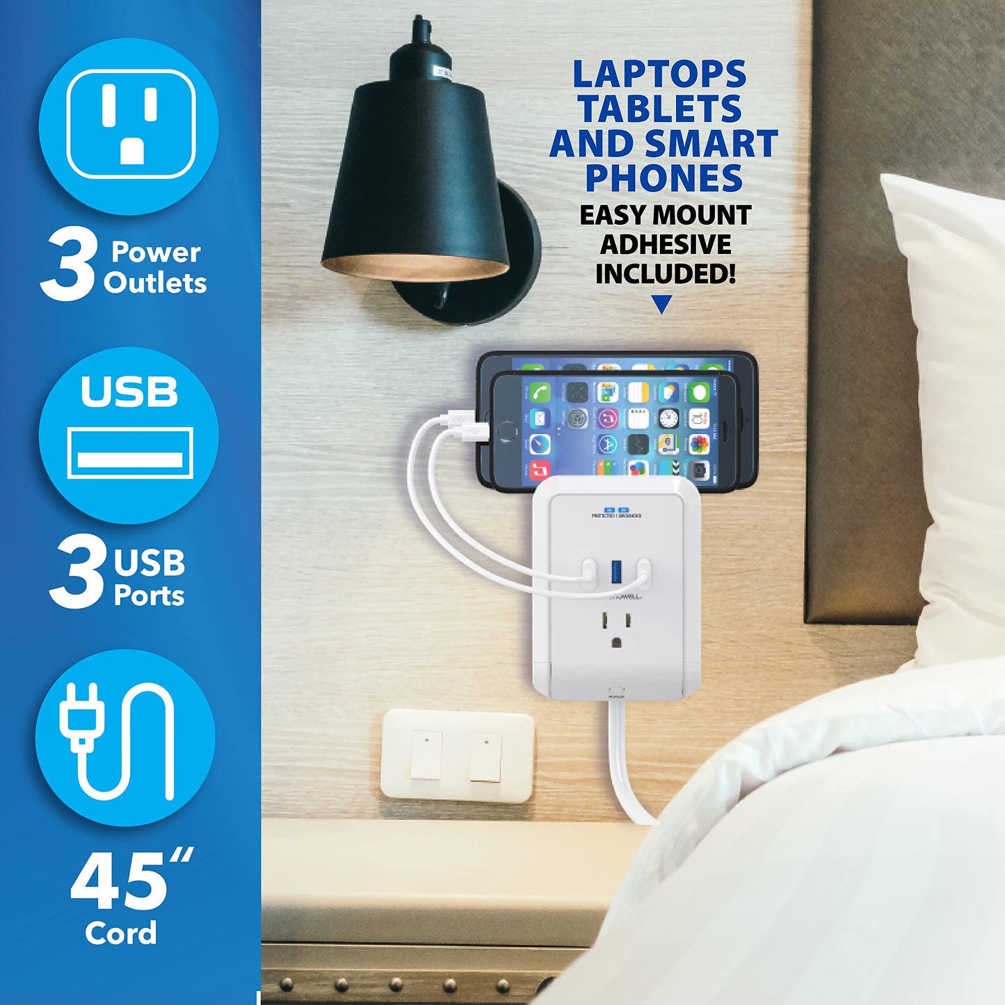 Power Pro Outlet Extender with 45” Cord - Easy-Install Power Strip Electric Surge Protector, USB Wall Charger, 3 Power Outlets, Docking Station