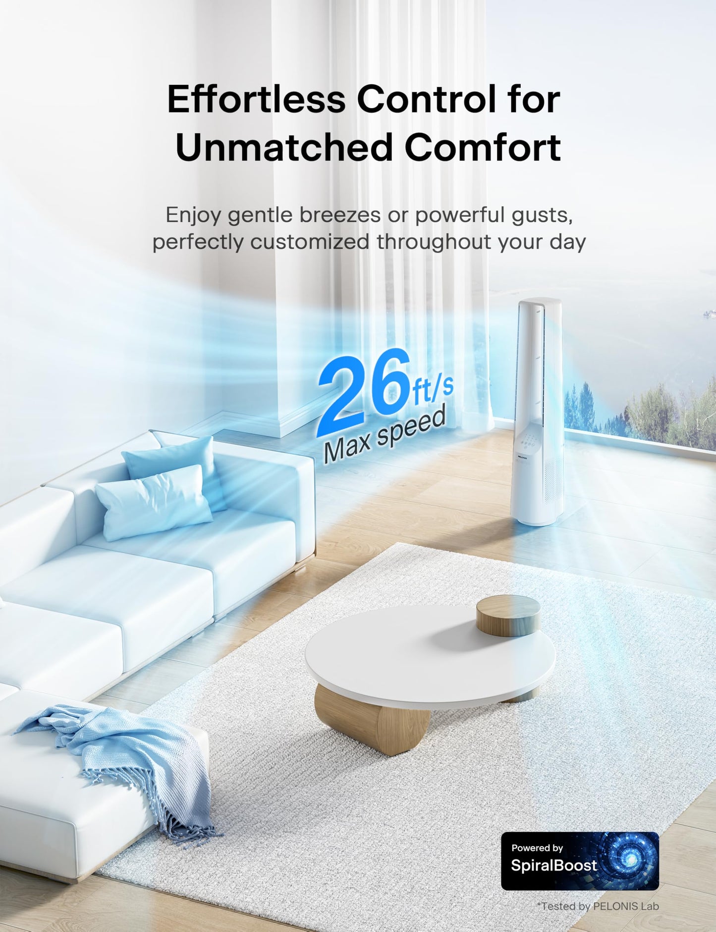 PELONIS 40" 90° Oscillation Bladeless Fan for Bedroom with Remote, White