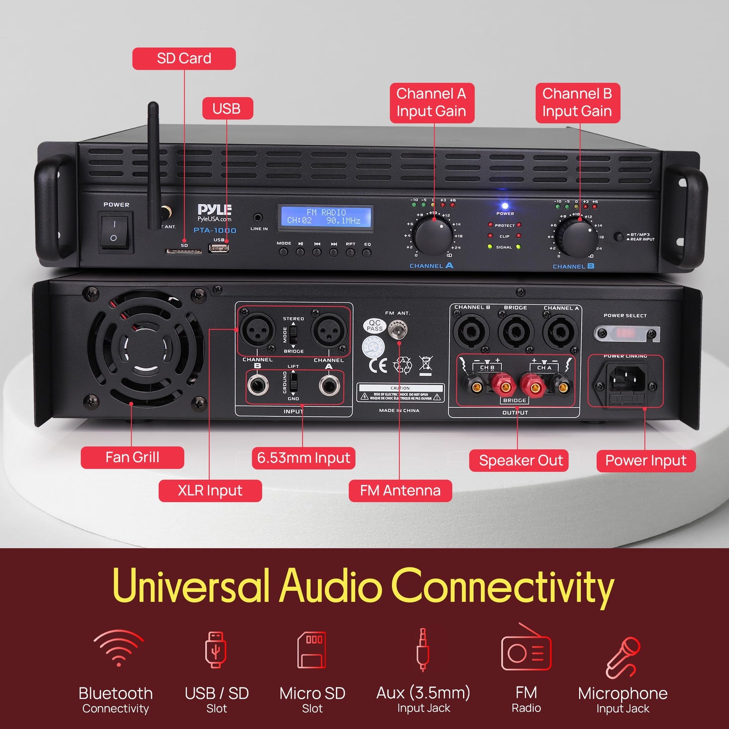Pyle 2-Channel Rack Mount Power Amplifier with Bluetooth - 2000W Bridgeable with TRS XLR Input, Speakon Outputs, USB-A Input with MP3 Player, Bridge