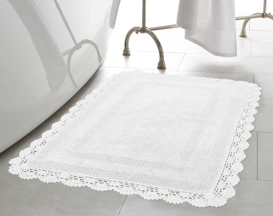 Laura Ashley Absorbent Bath Mat Reversible Crochet Soft and Plush Bathroom Mat 100% Cotton 21x34 Bath Rug, White