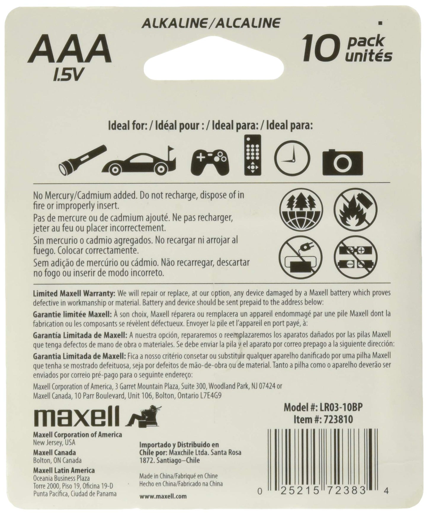 Maxell 723810P Ready-to-go Long Lasting and Reliable Alkaline Battery AAA Cell 10-Pack with High Compatibility