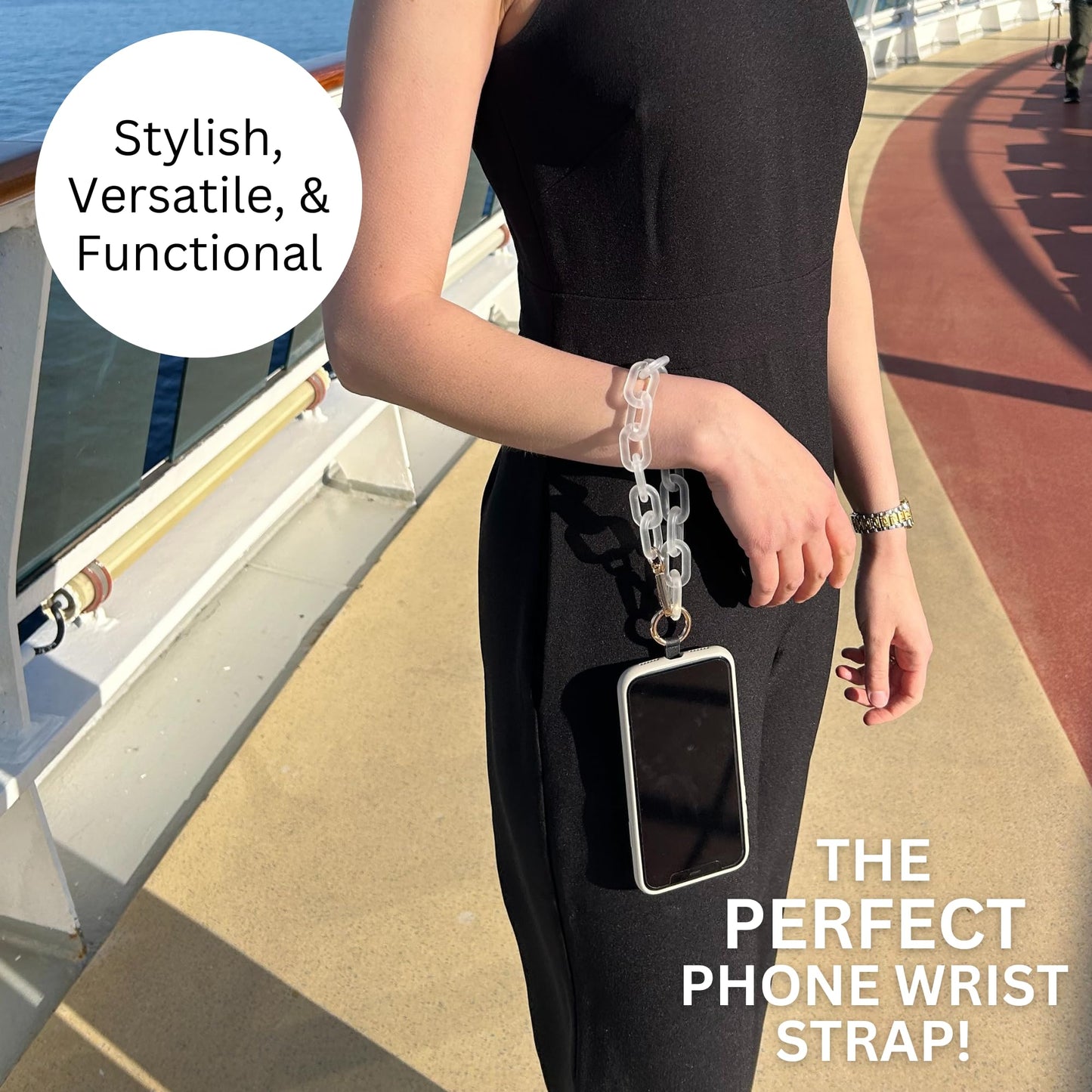 Save the Girls Clip and Go Phone Chain with Pouch (White - Gold Pouch) - Stylish Phone Lanyard Crossbody with Wallet for Women, Hands-Free Carrying