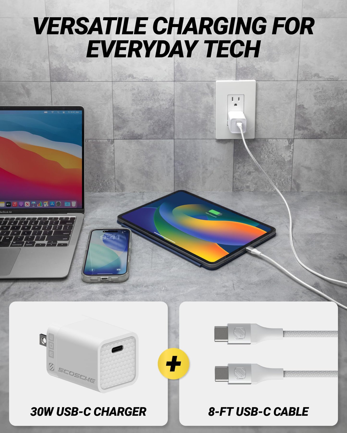 Scosche 30W USB C Charger Block and Braided 8ft USB-C Charging Cable, Fast Charging Type C Wall Charger Compatible with Apple iPhone Air, iPhone
