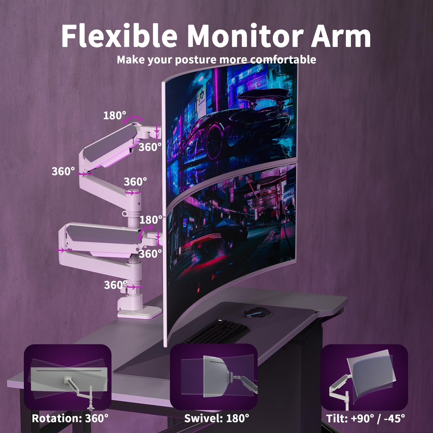 Dual Monitor Arm for 17-49 Inch Ultrawide Screens, Dual Monitor Mount Heavy Duty up to 44lbs, Adjustable Vertical Stacked Full Motion Dual Monitor Arm