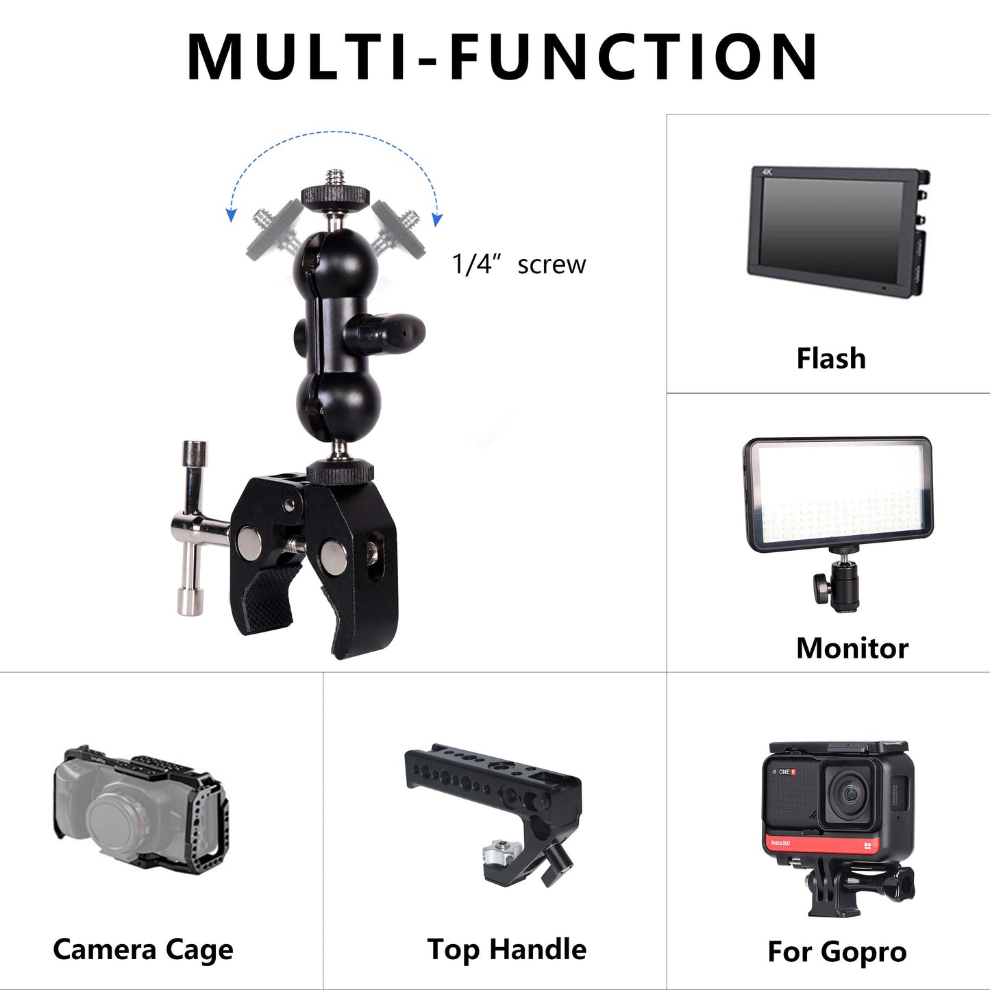 QYXINC Cool Dual Ball head Magic Arm Adapter Camera Clamp Mount Super Clamp with 1/4 and 3/8 Thread, for DSLR Camera Rig, LED Light, Flash Light