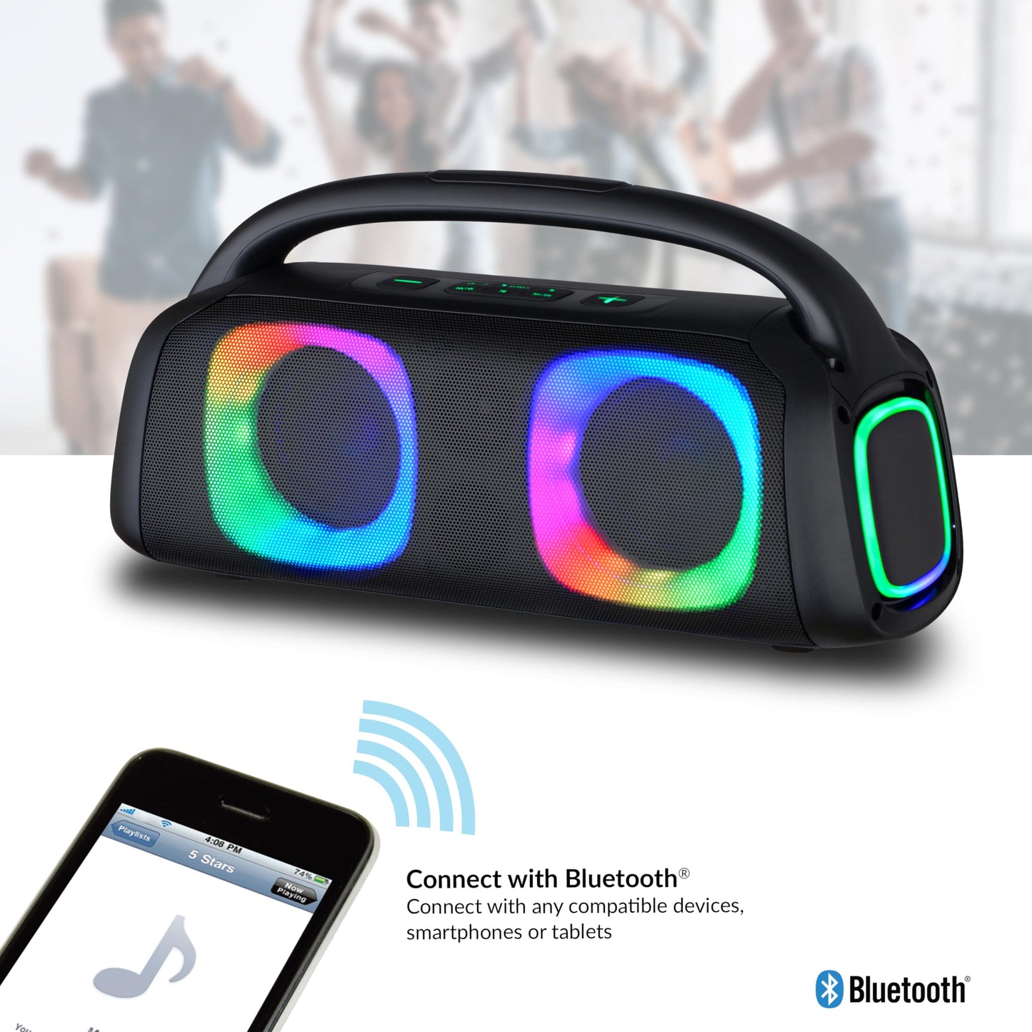 IQ Sound IQ-3540BT Portable Bluetooth Speaker with RGB Lights, TWS, Enhanced Stereo Sound, Voice Assistant Control, Hands-Free Mic, RGB Lighting
