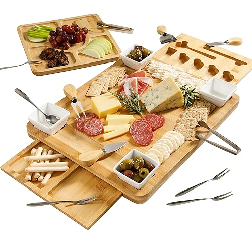 Gibson Home Rustic Inspirations 18-Piece Bamboo Charcuterie Board Set for Serving - Large Cheese & Fruit Tray with Hidden Drawer Ceramic Bowls…