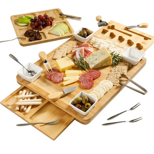 Gibson Home Rustic Inspirations 18-Piece Bamboo Charcuterie Board Set for Serving - Large Cheese & Fruit Tray with Hidden Drawer Ceramic Bowls…