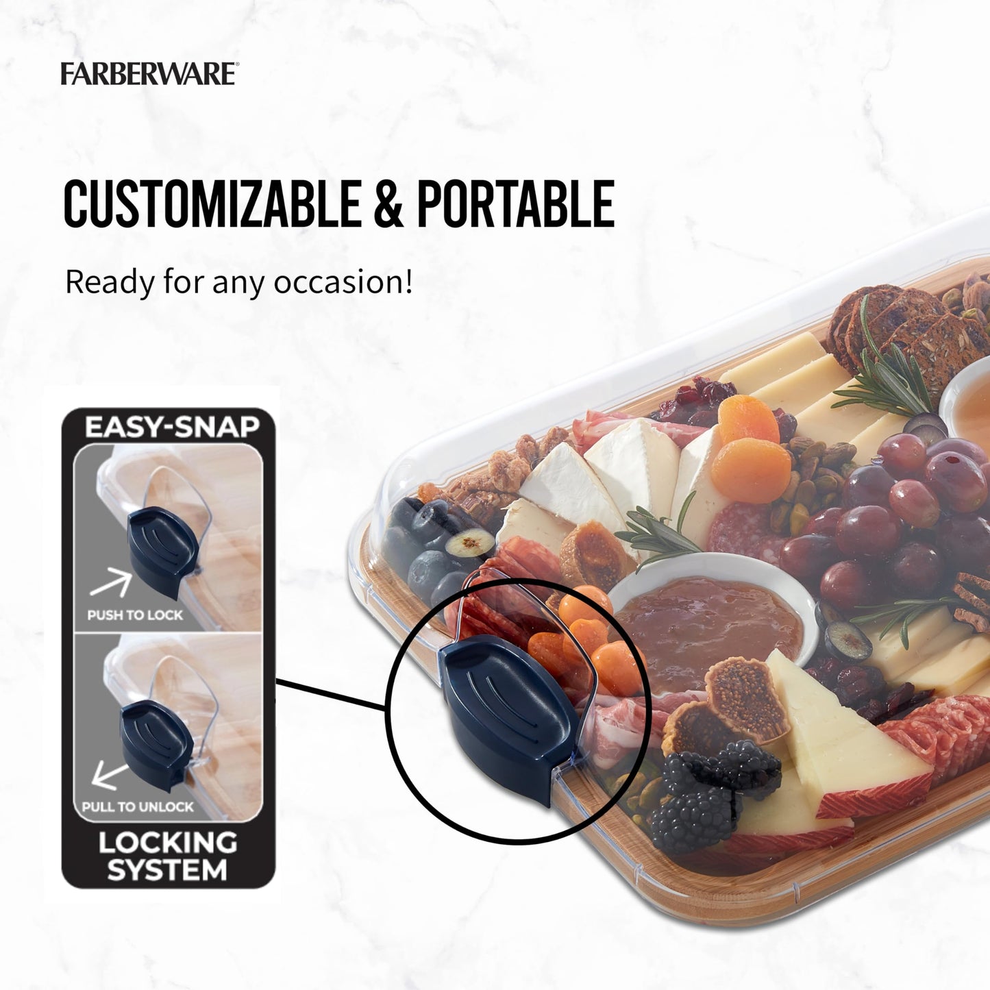 FARBERWARE Build-A-Board Bamboo Cutting Board with Built-in Compartments, Clear Locking Lid & Navy Handles, Ideal for Charcuterie, Snacks & Prep