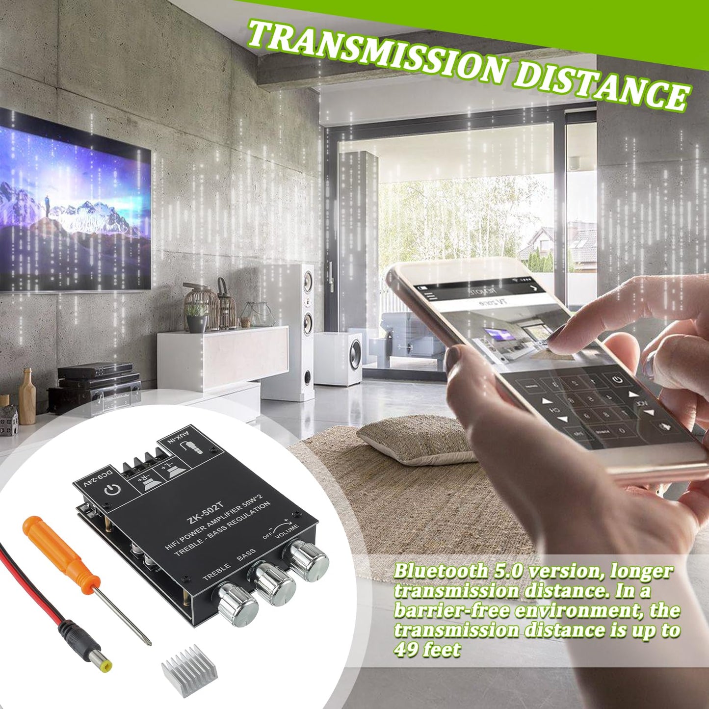 EPLZON 50W+50W Bluetooth Amplifier Board with Treble and Bass Control TPA3116D2 Chips DC 9-24V BT and AUX Inputs 2.0 Channel Stereo AMP Board for DIY