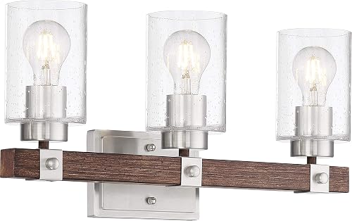 Nuvo 60/6963 Arabel Vanity Brushed Nickel and Nutmeg Wood Finish with Clear Seeded Glass, 3 Light