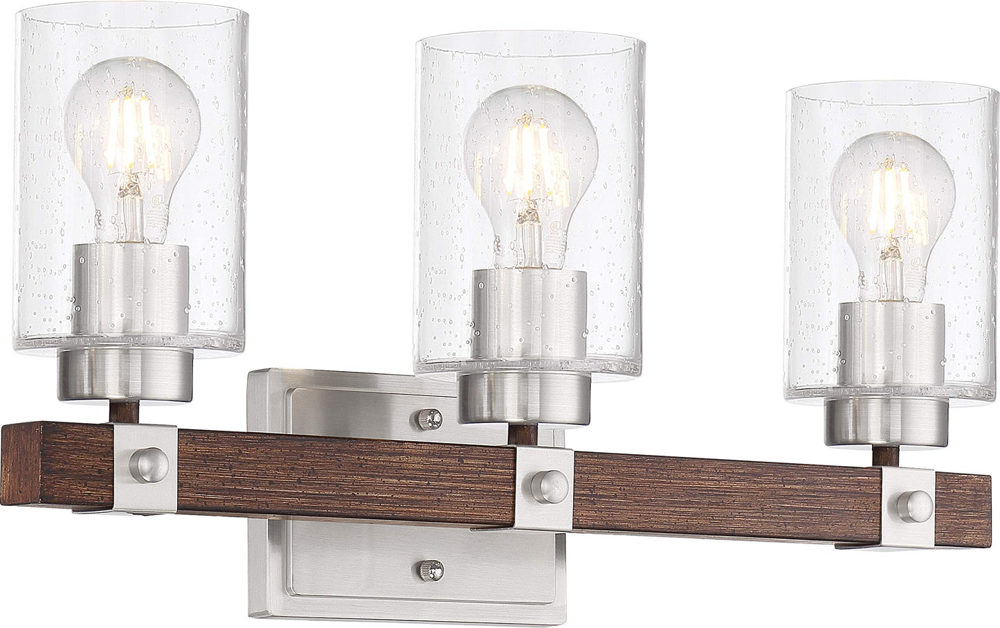 Nuvo 60/6963 Arabel Vanity Brushed Nickel and Nutmeg Wood Finish with Clear Seeded Glass, 3 Light