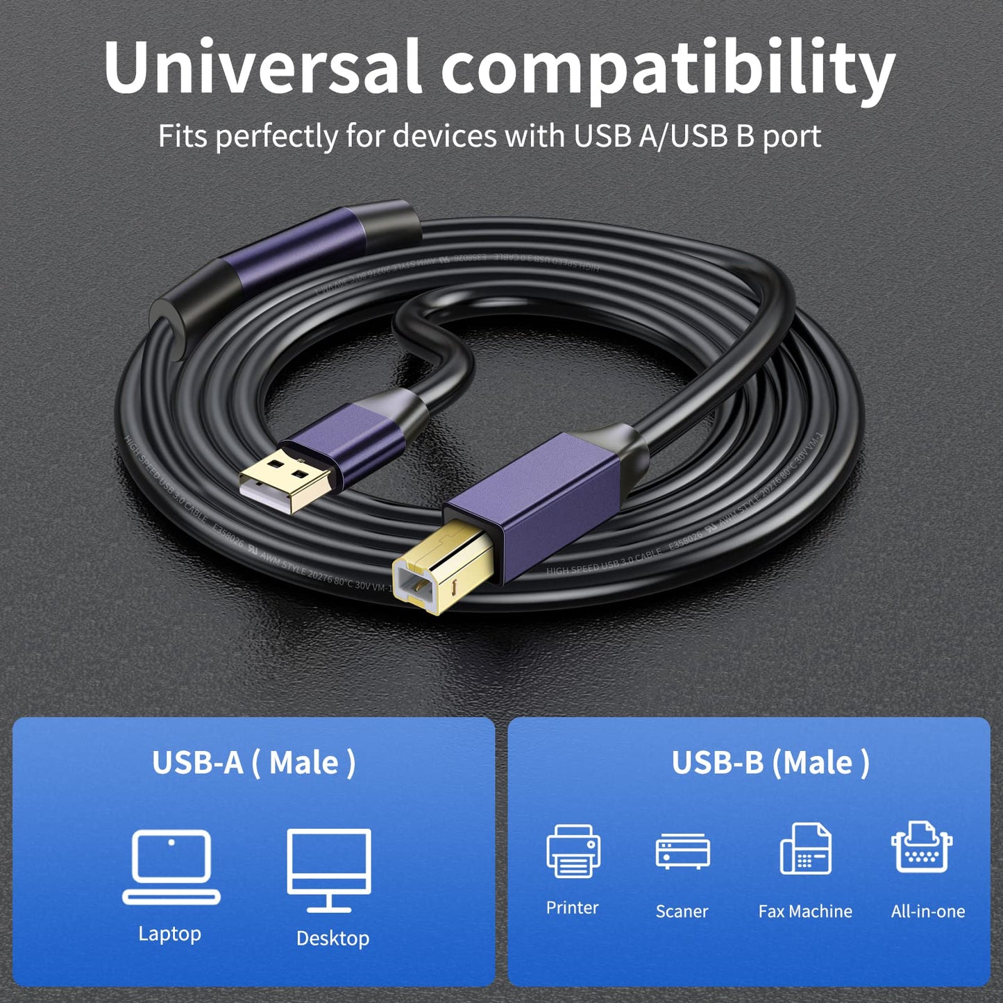 LDKCOK Active USB 2.0 Printer Cable 50ft - A-Male to B-Male High Speed Printer/Scanner/Repeater Cable for HP, Canon, Epson, Dell, Samsung etc