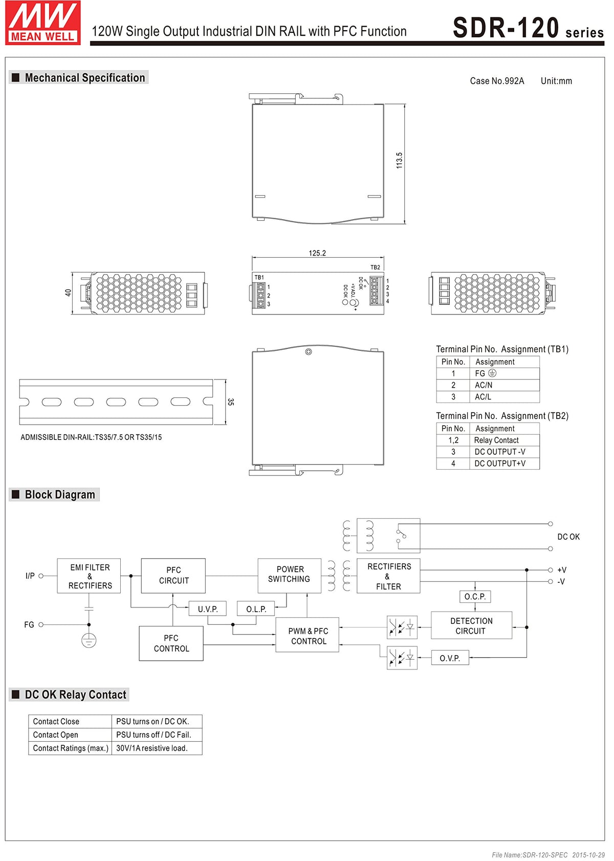 Mean Well Original SDR-120-12 Single Output Industrial DIN Rail with PFC Function Power Supply 12V 10A 120W