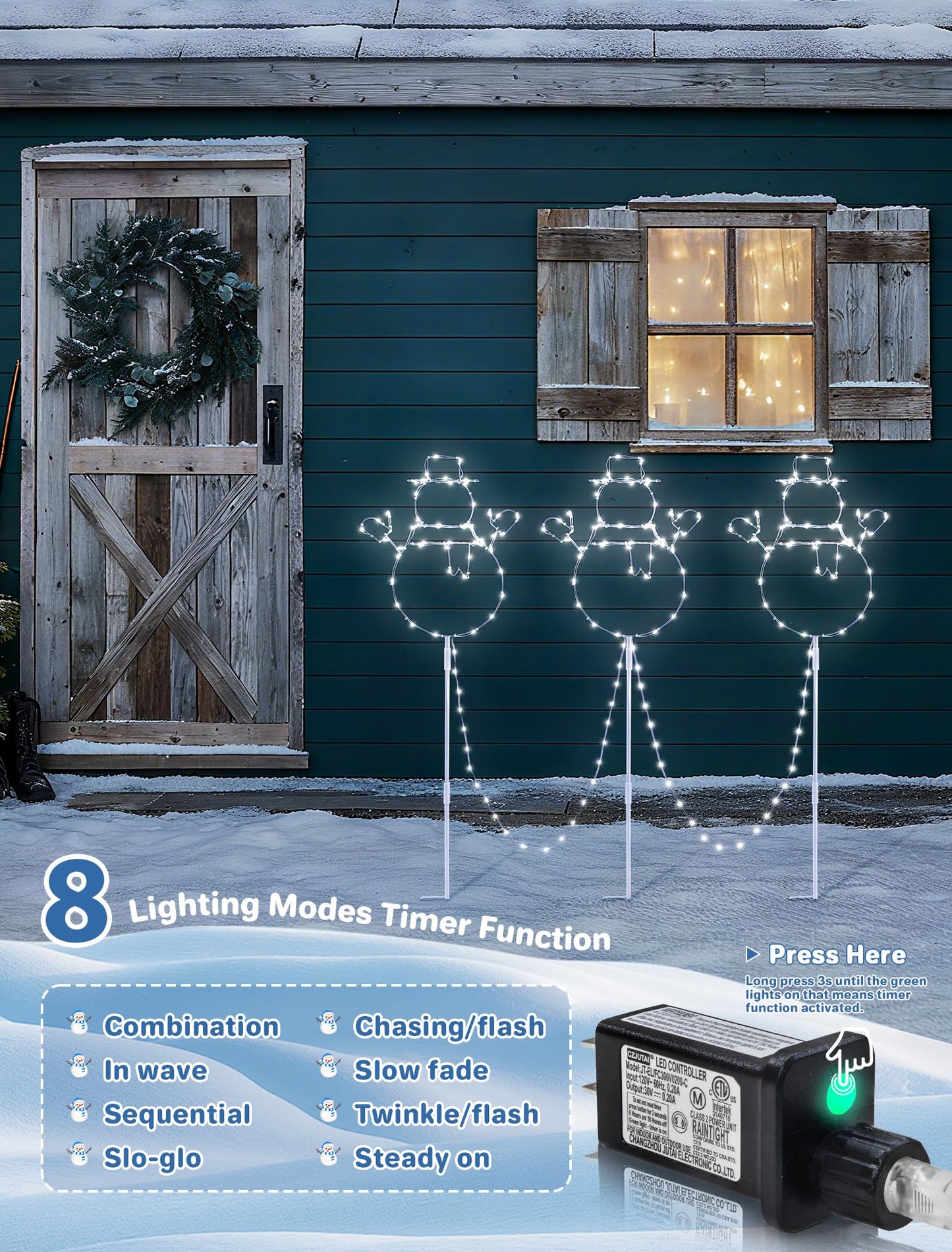 woohaha Christmas Snowman Pathway Lights,200 LED Plug in Garden Outdoor Decorations?Waterproof String Lights with 3 Snowman Stakes Light for Garden