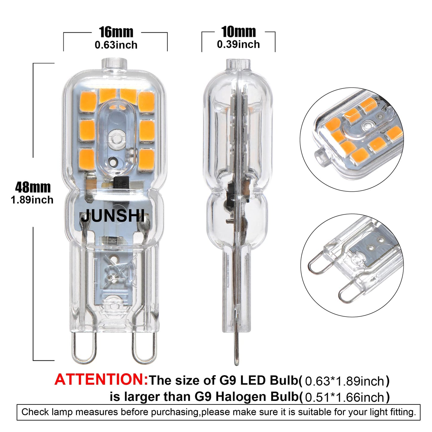 JUNSHI G9 LED Bulb 2.5W,25W G9 Halogen Bulbs Equivalent,3000K Warm White,AC110-130V T4 Chandelier Light Bulbs G9 Bi Pin Base, AC
