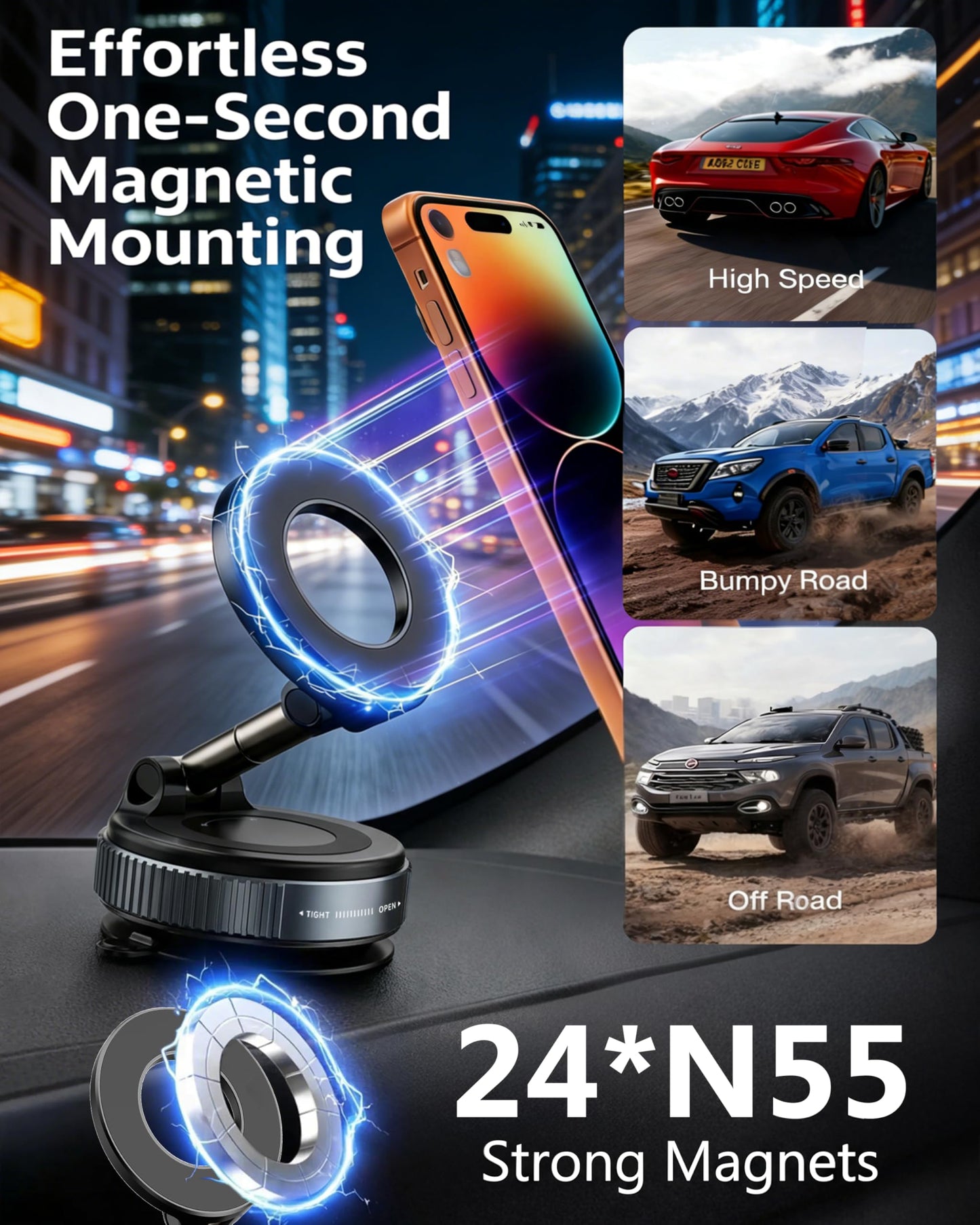 MARUVI Vacuum Magnetic Phone Holder for Car,2800gf Strong Magnetic Phone Mount,360° Adjustable & Reinforced Suction Cup for Dashboard/Mirror,Car Phone