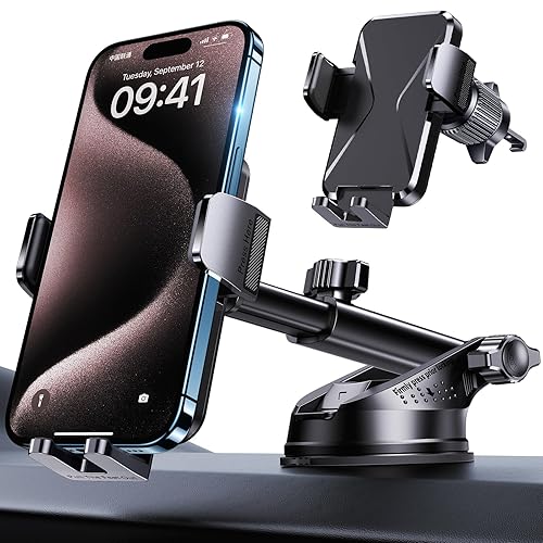 DOLYOFG Universal Car Phone Mount Holder [3-in-1 Suction Cup] for Dashboard Windshield Air Vent, Military-Grade Adhesive Phone Car Mount, One Hand