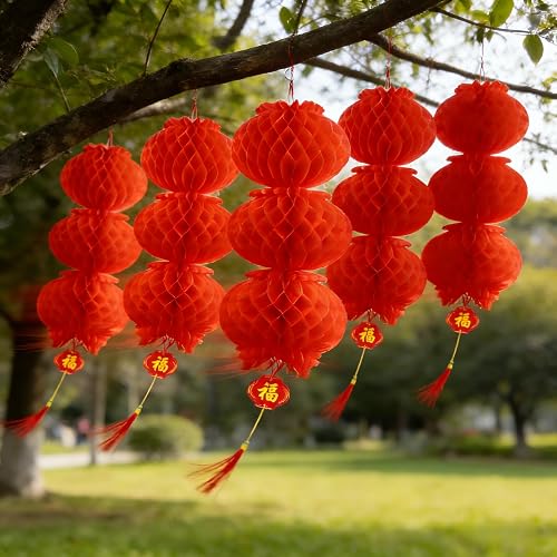 KYMY 2026 Chinese & Vietnamese New Year Red Lanterns, 6PCS Spring Festival Long Hanging Lanterns, Zodiac Horse Asian Lunar New Year Party Decorations