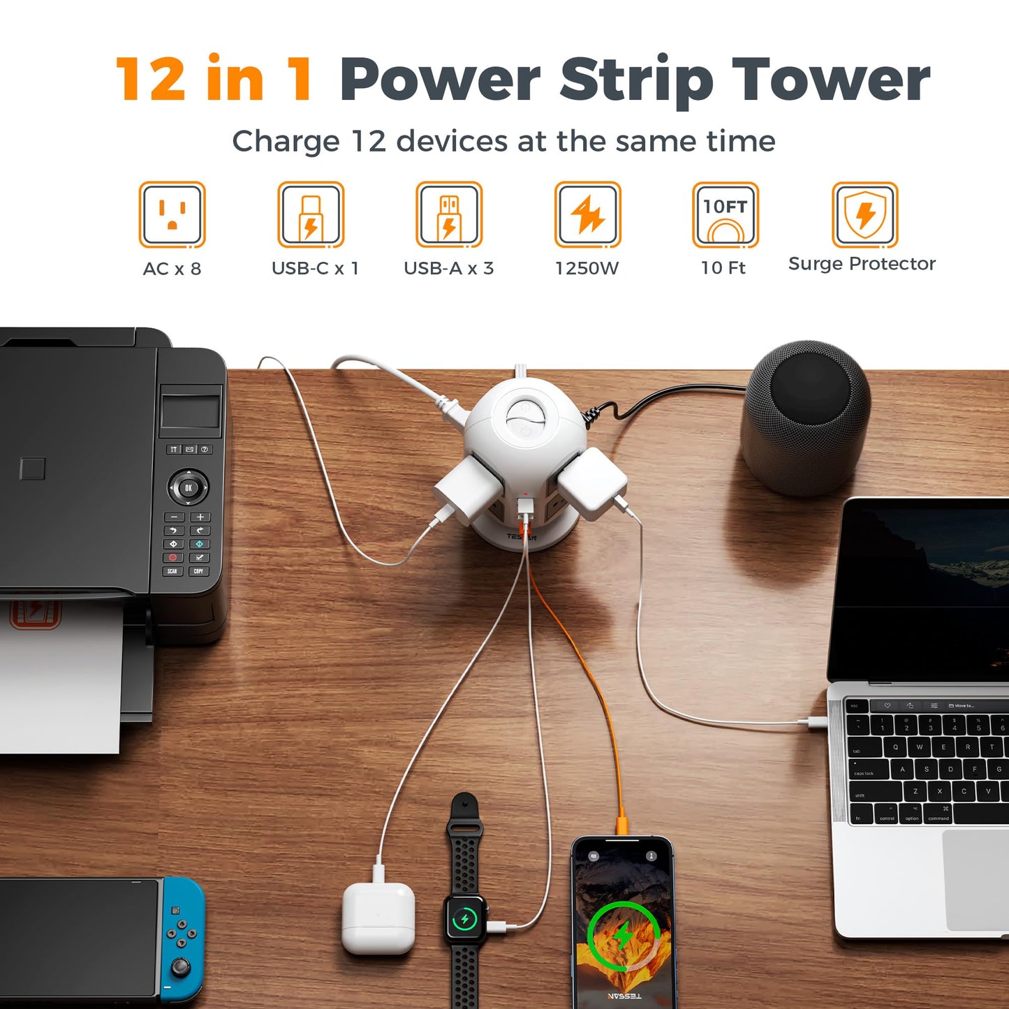 TESSAN Tower Surge Protector Power Strip 10 ft, Long Flat Extension Cord with Multiple Outlets, 8 AC Outlets with 4 USB Ports (1 USB C), Charging
