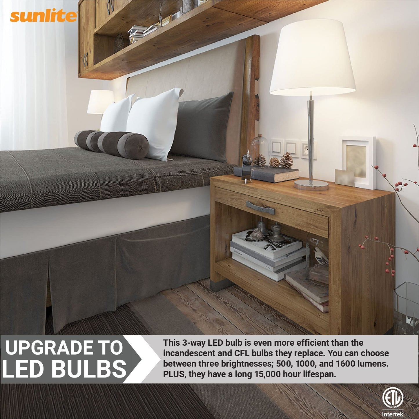 Sunlite 70324 3-Way LED A19 Light Bulb, 5/9/15 Watts (40W 60W 100W Equivalent), 500-1000-1600 Lumens, Medium E26 Base, Omni-Directional, ETL Listed
