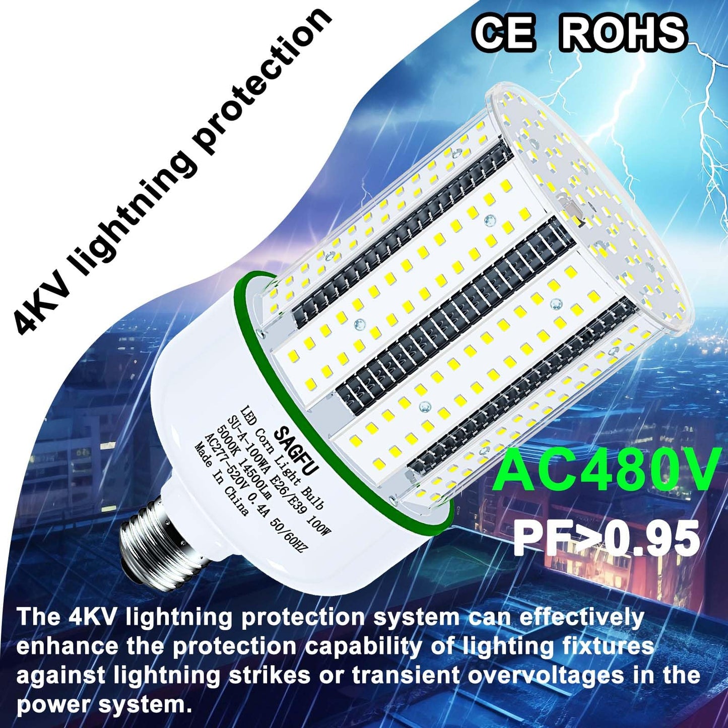 SAGFU 480V LED Corn COB Light Bulb 100W,LED Corn Bulb 5000K Daylight White,1-Pack 1000W Equivalent,14000 Lumens Super Bright,E26 E39 Base for Indoor