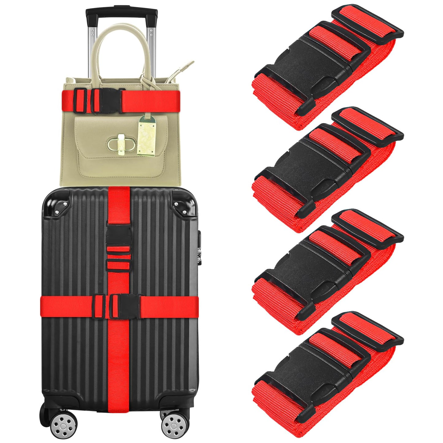 vivinin 4 Pack Luggage Straps – Adjustable Travel Luggage Belts with Buckle Closure for Suitcase Security and Bag Closure (Red)