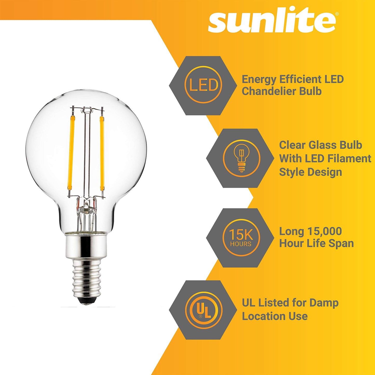 Sunlite 40959 LED G16.5 Filament Style Globe Light Bulb, 2.5 Watts (25W Equivalent), 250 lumens, Dimmable, Candelabra Base (E12), UL Listed, 3000K