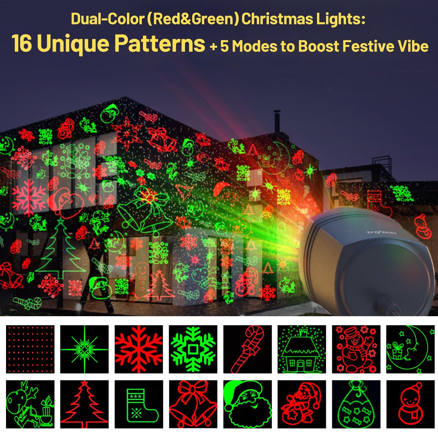 DXstring Christmas Projector Lights Outdoor, 16 Christmas Patterns, IP65 Waterproof, Remote Control and Timer, Christmas Decorations Light