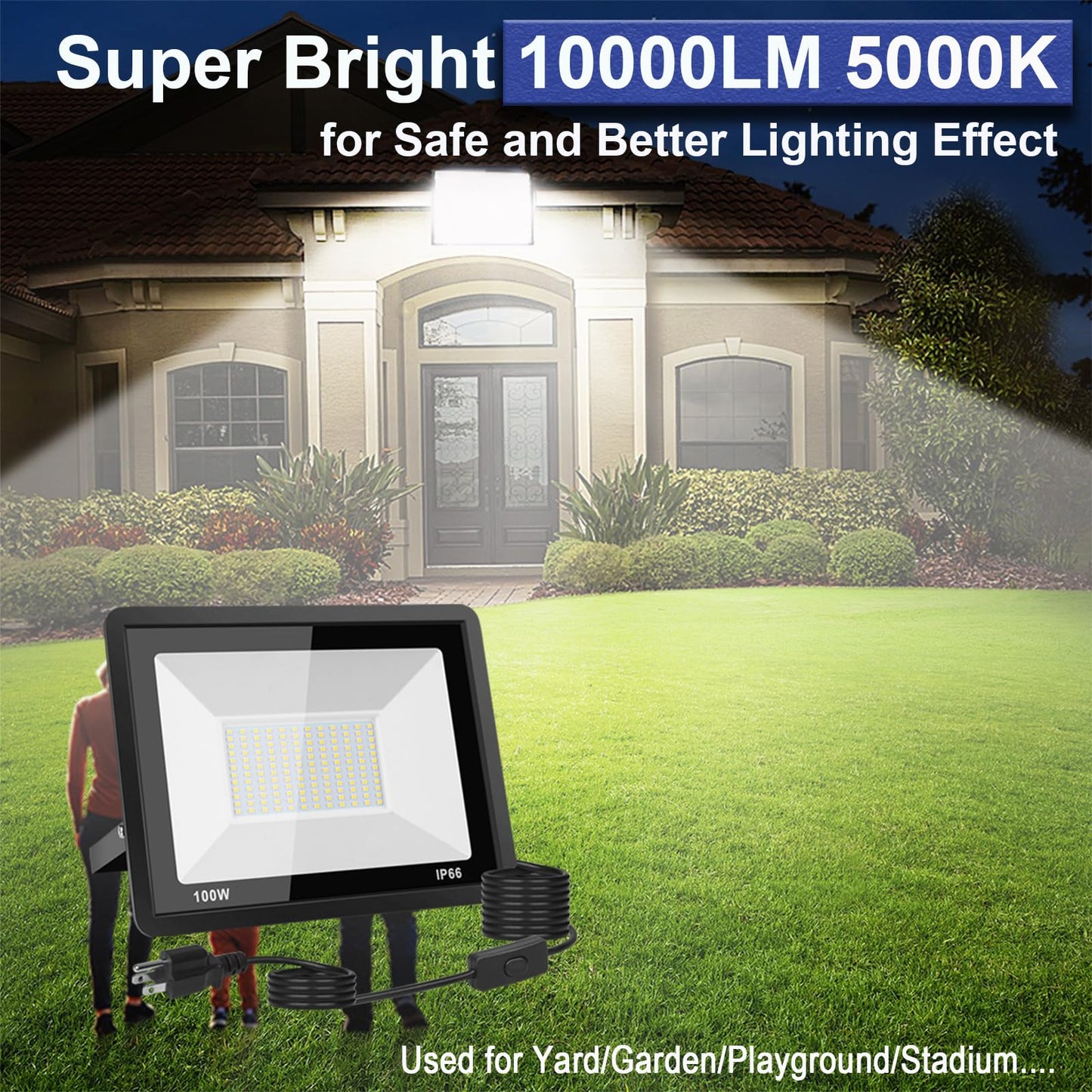 2-Pack 100W LED Flood Light Outdoor, 10000LM Bright Plug-in Flood Lights with Switch, IP66 Waterproof Exterior Security Lights, LED Work Light