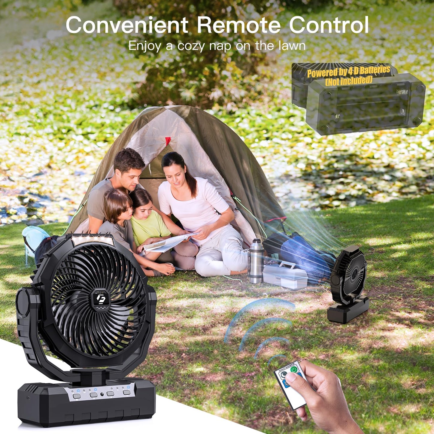 Wavmill Battery Operated Fan [200H Max], 2 IN 1 D-Cell Battery & USB Powered Fans, Portable Camping Fan with 4 Speeds, Light, Timer, Remote