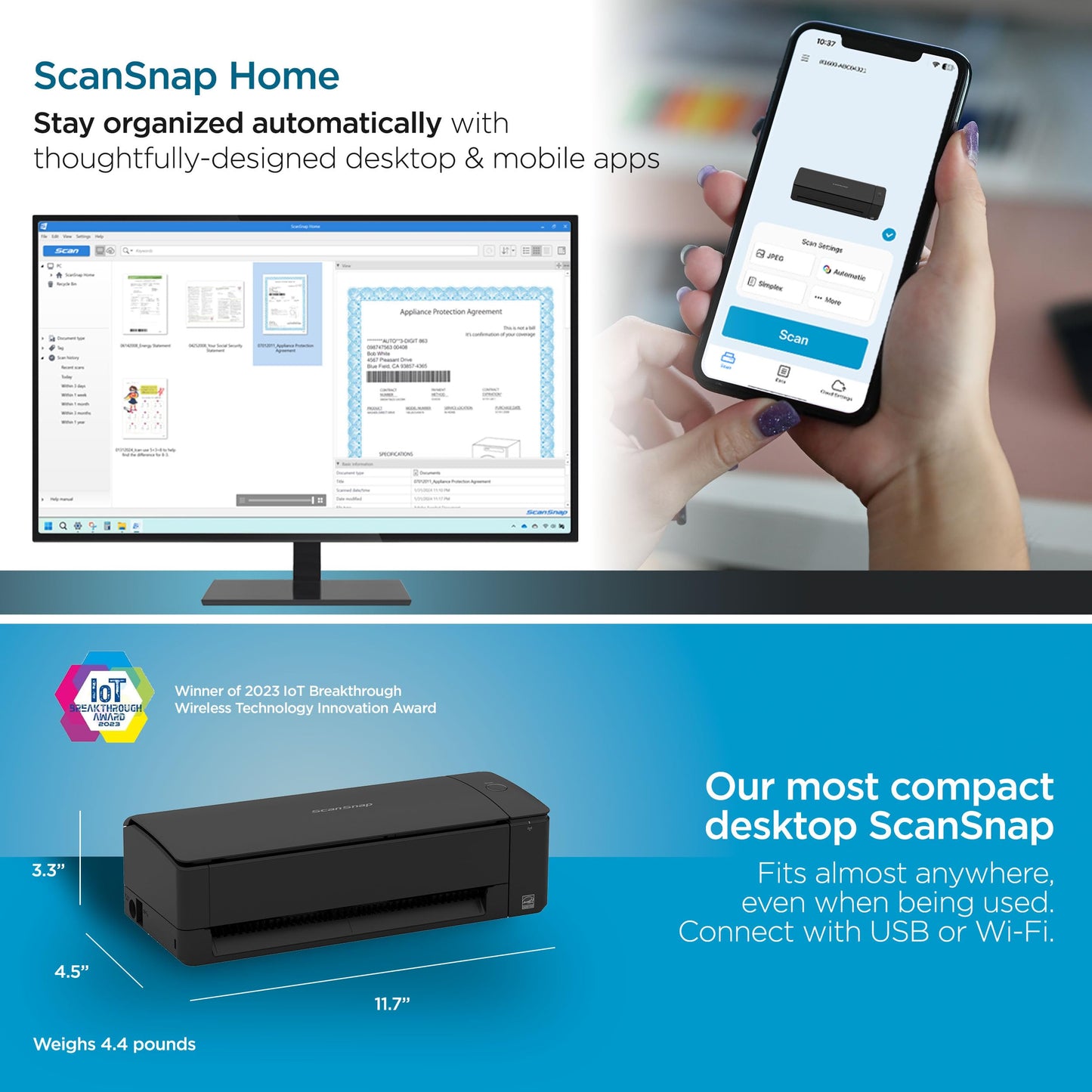 ScanSnap iX1300 Compact Wireless or USB Double-Sided Color Document, Photo & Receipt Scanner with Auto Document Feeder and Manual Feeder for Mac or