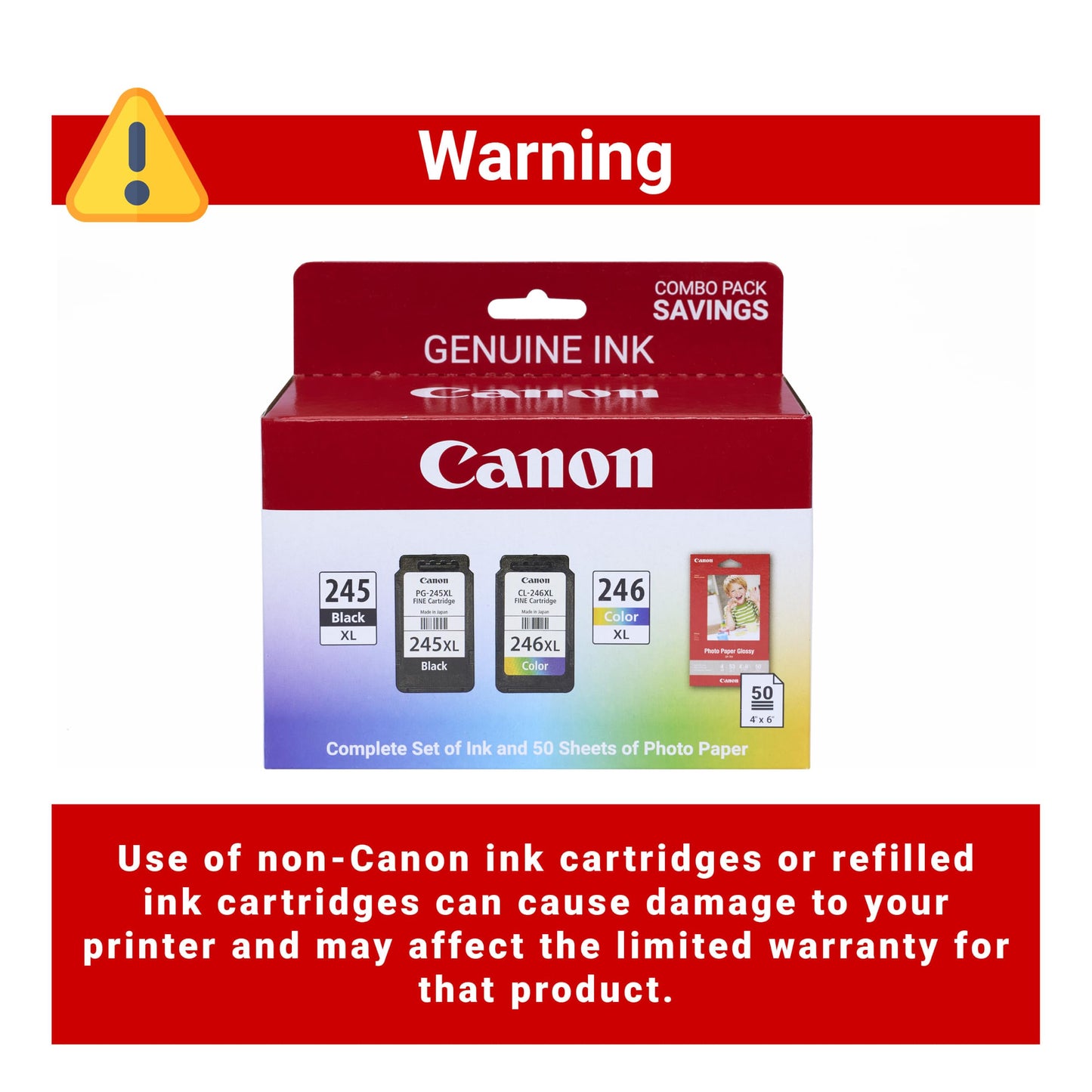 Canon PG-245 XL / CL-246 XL Genuine Ink Value Pack (2 Cartridges) with 50-Sheet Photo Paper, Compatible with iP2820, MG2420/2924/2920/3020/2522/2525