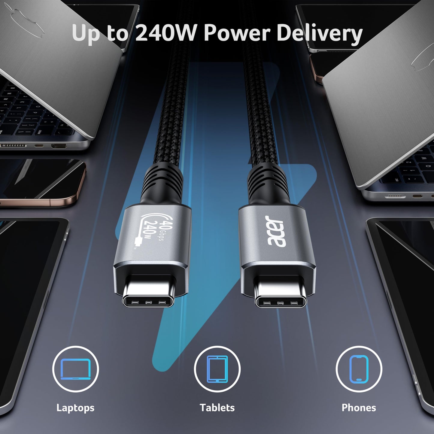 Acer USB4 Cable 40Gbps, 8K@60Hz USB-C Video Cable, 240W Fast Charging Thunderbolt 4/3 Braided High Speed Cable Compatible with MacBook, SSD, Docking