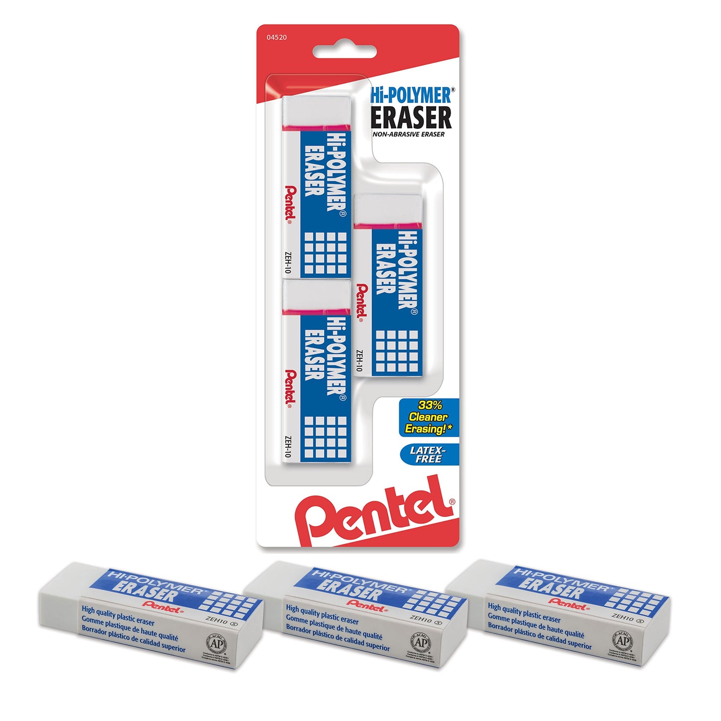 Pentel® Hi-Polymer Block Eraser, Large, White 6 pack (ZEH10BP3P2)