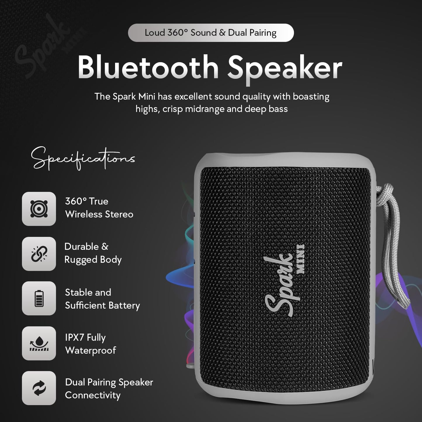 Winking Clam Outfitters Spark Mini Bluetooth Portable Speaker Indoor Outdoor Wireless Speaker, Compact Travel Speaker | IPX7 Waterproof, 10+ Hour